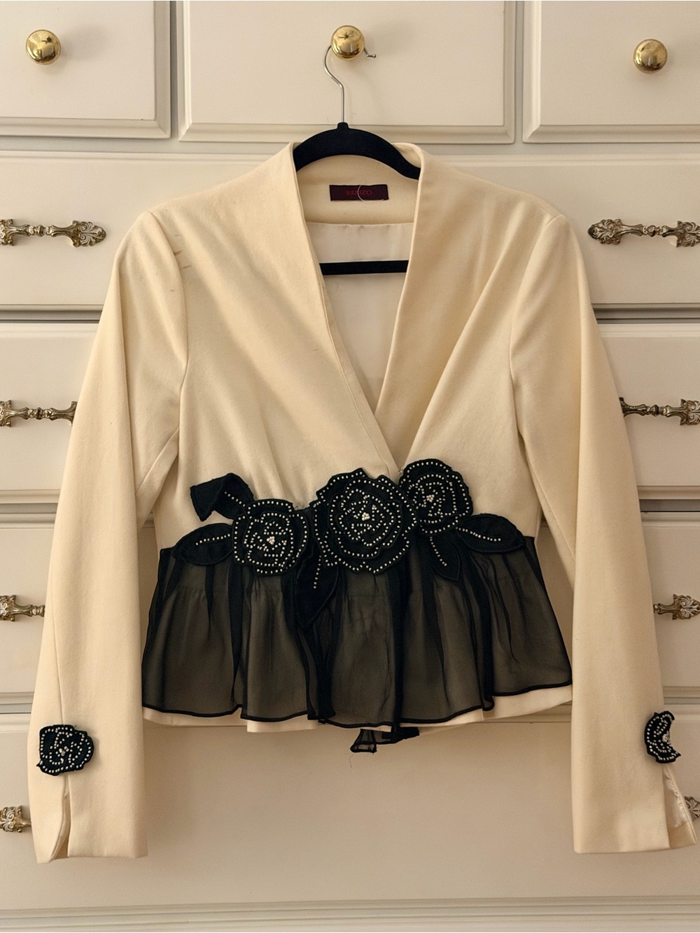 Rare Vintage Kenzo Cream Jacket with Black Floral Appliqué and Sheer Peplum